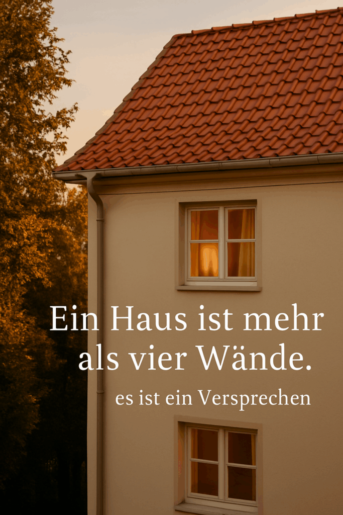 Hausfassade mit Zitat über Zuhause.