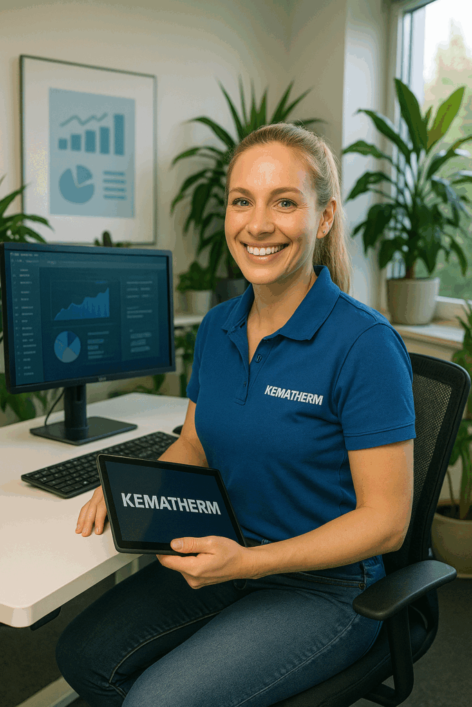 Lächelnde Frau mit Tablet und Statistiken im Büro